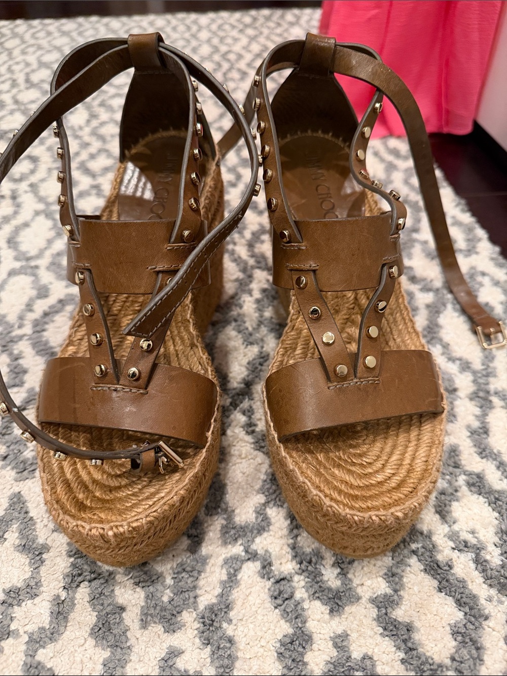 Jimmy Choo Brown Studded Espadrille Wedge Sandals with Ankle Wraps